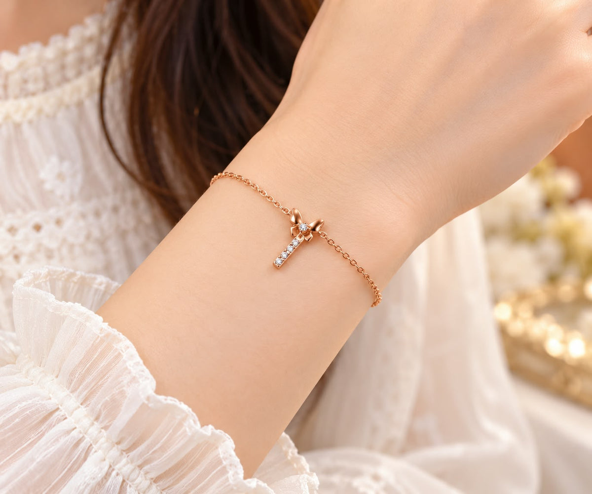 Rose Gold Crystal Bow Charm Bracelet