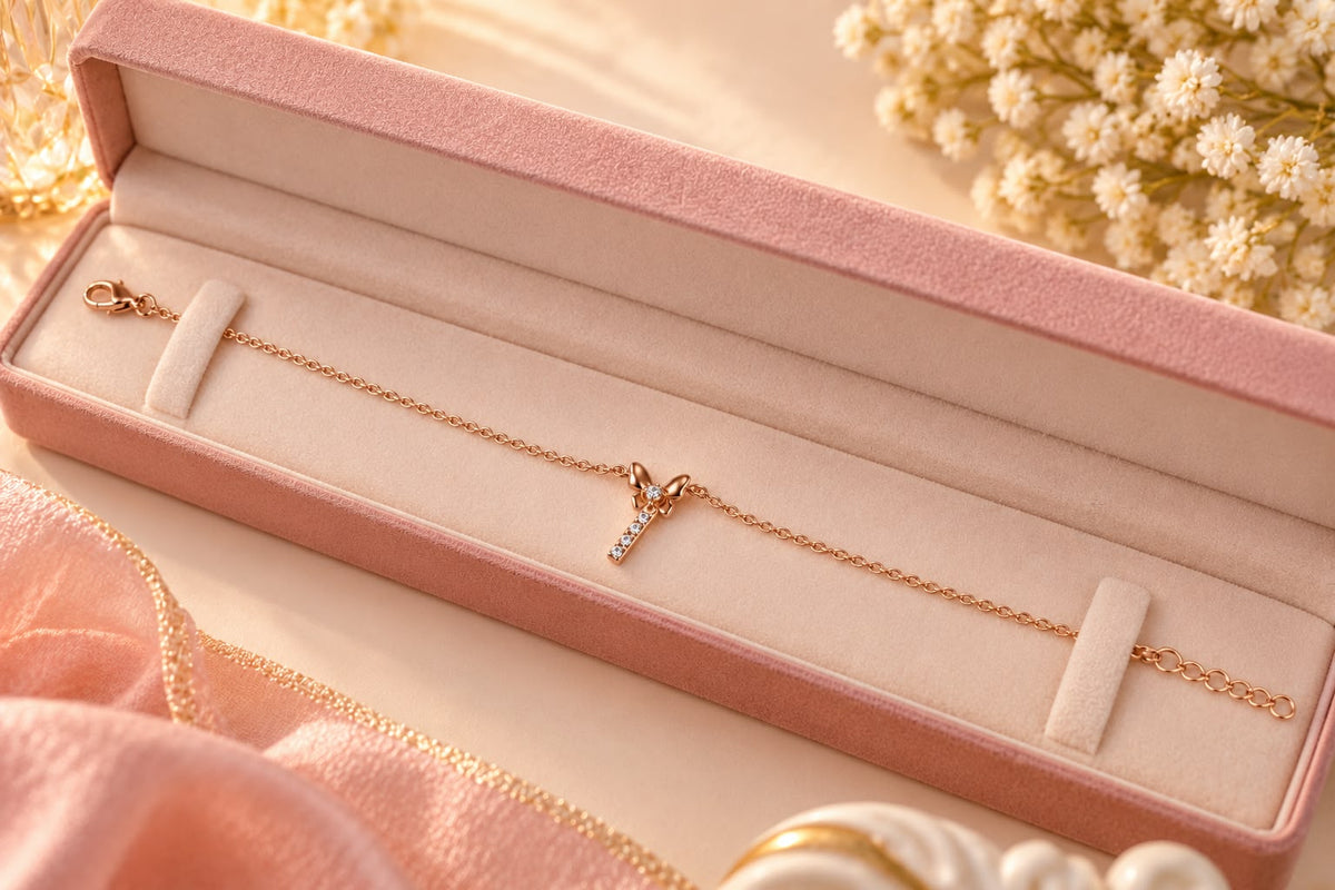 Rose Gold Crystal Bow Charm Bracelet