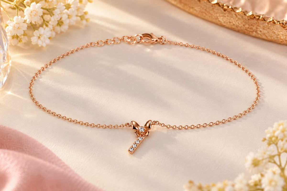 Rose Gold Crystal Bow Charm Bracelet