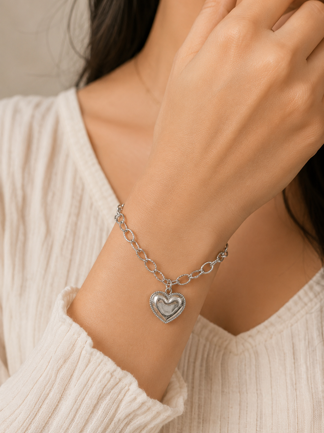 Silver-Tone Oval Link Heart Charm Bracelet