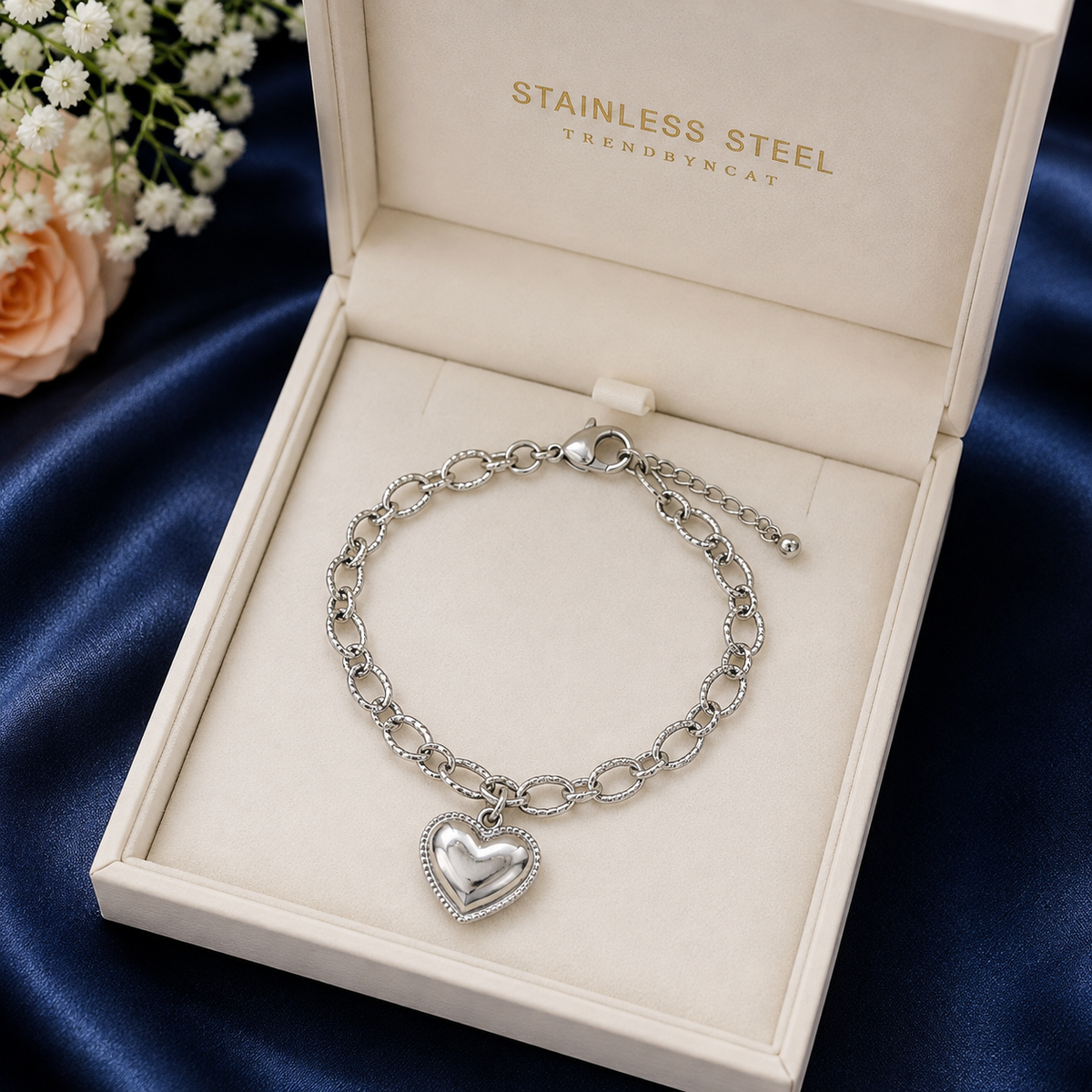 Silver-Tone Oval Link Heart Charm Bracelet