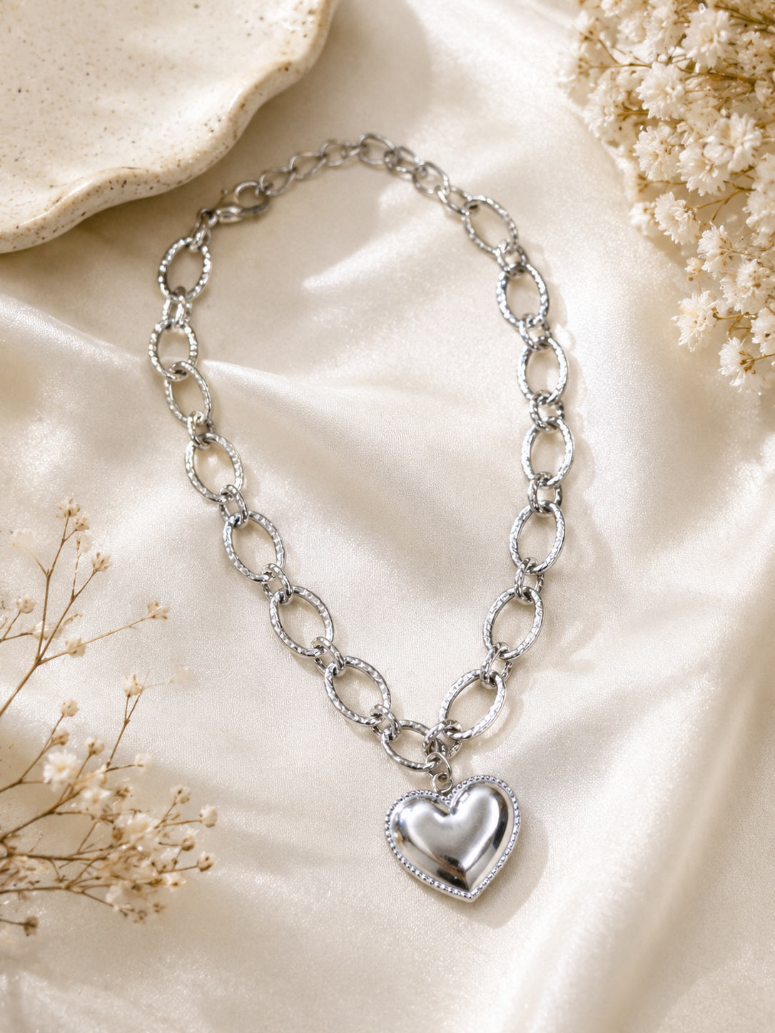 Silver-Tone Oval Link Heart Charm Bracelet
