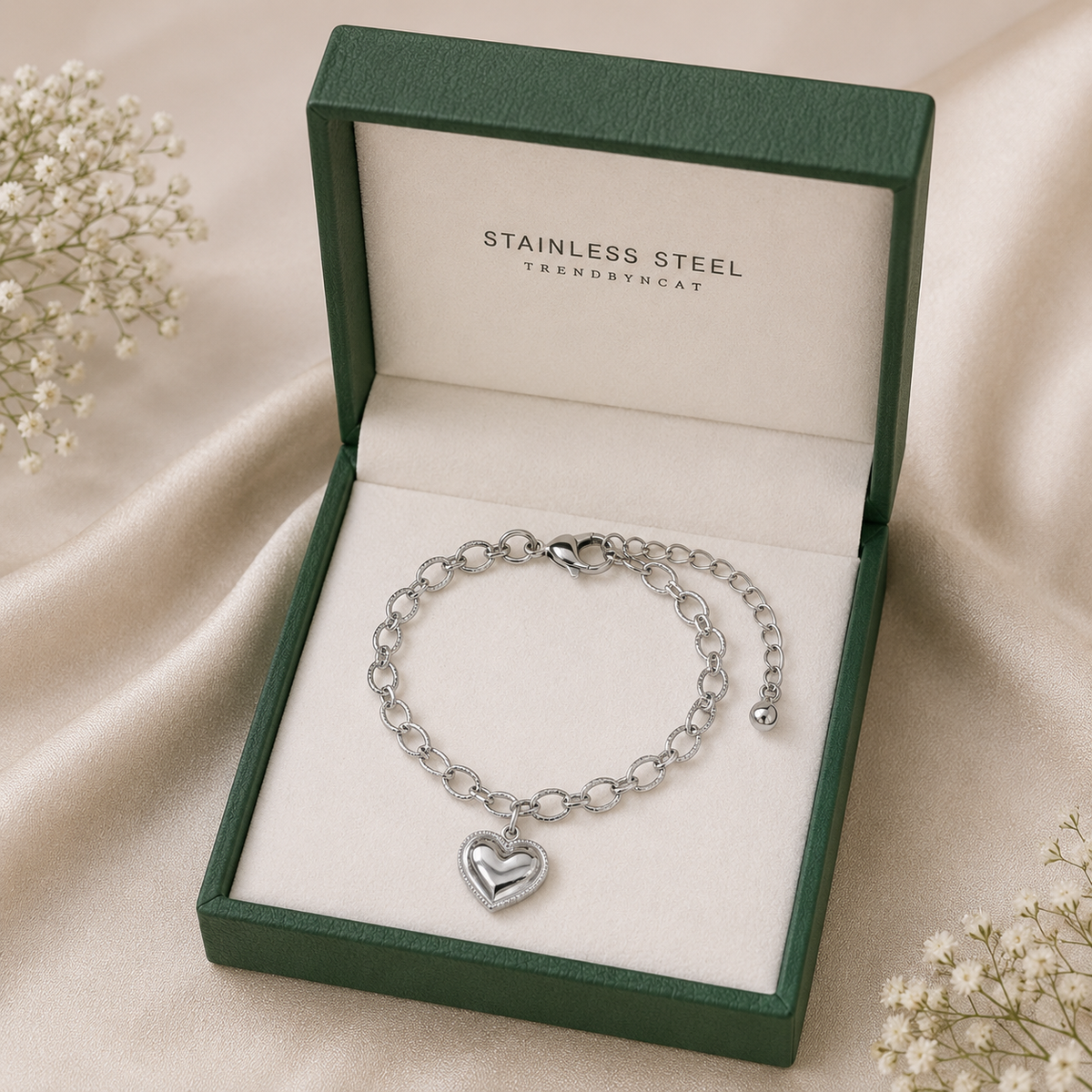 Silver-Tone Oval Link Heart Charm Bracelet