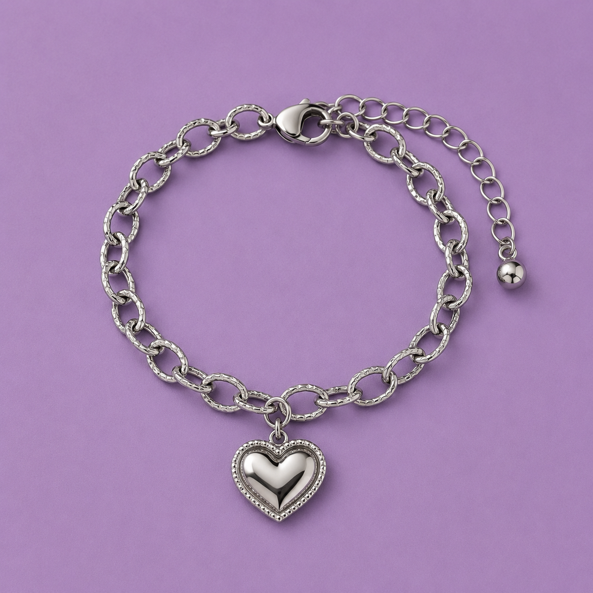 Silver-Tone Oval Link Heart Charm Bracelet