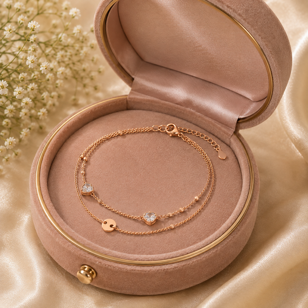 Rose Gold Double Layer Heart Charm Anklet