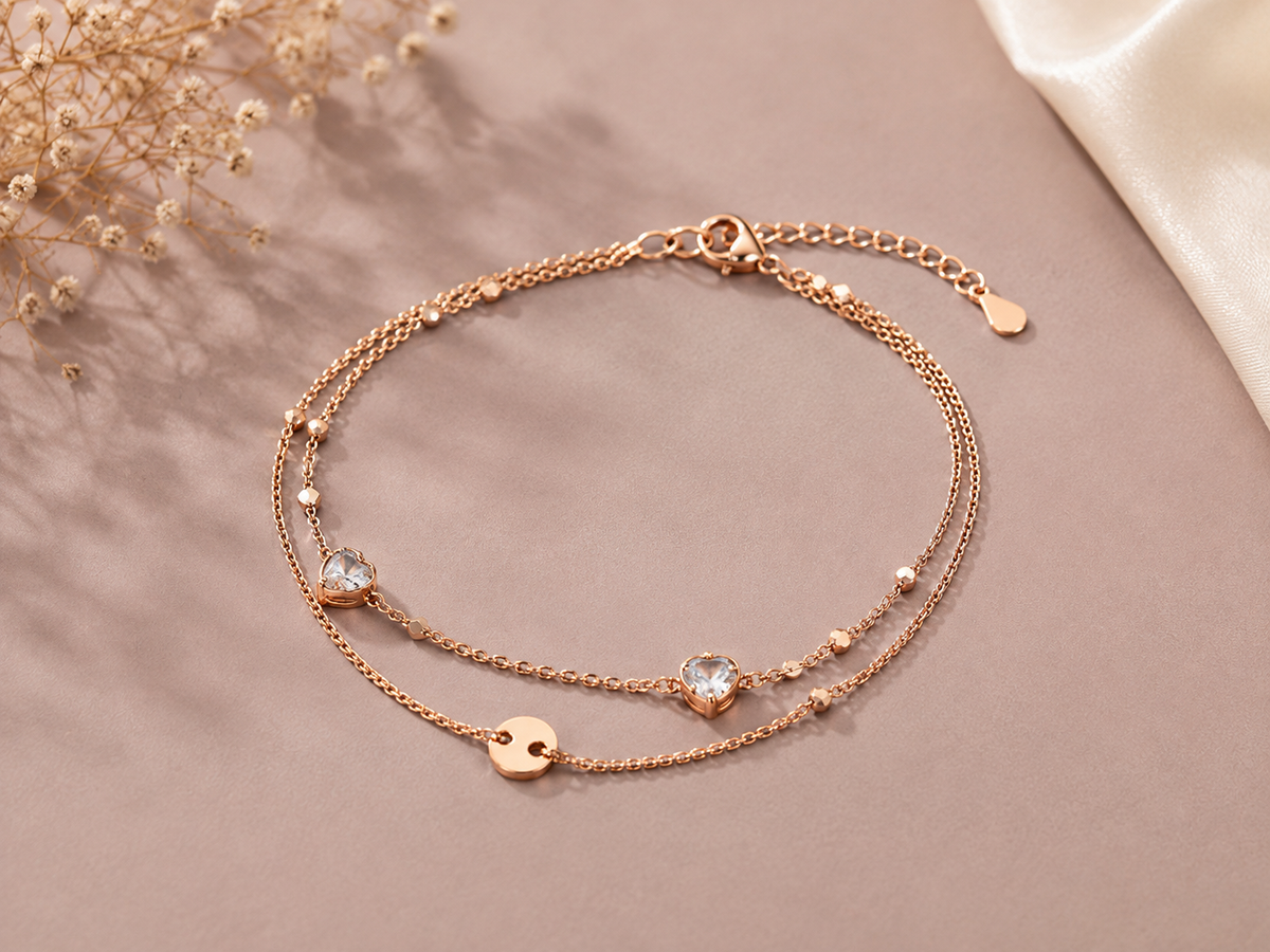 Rose Gold Double Layer Heart Charm Anklet