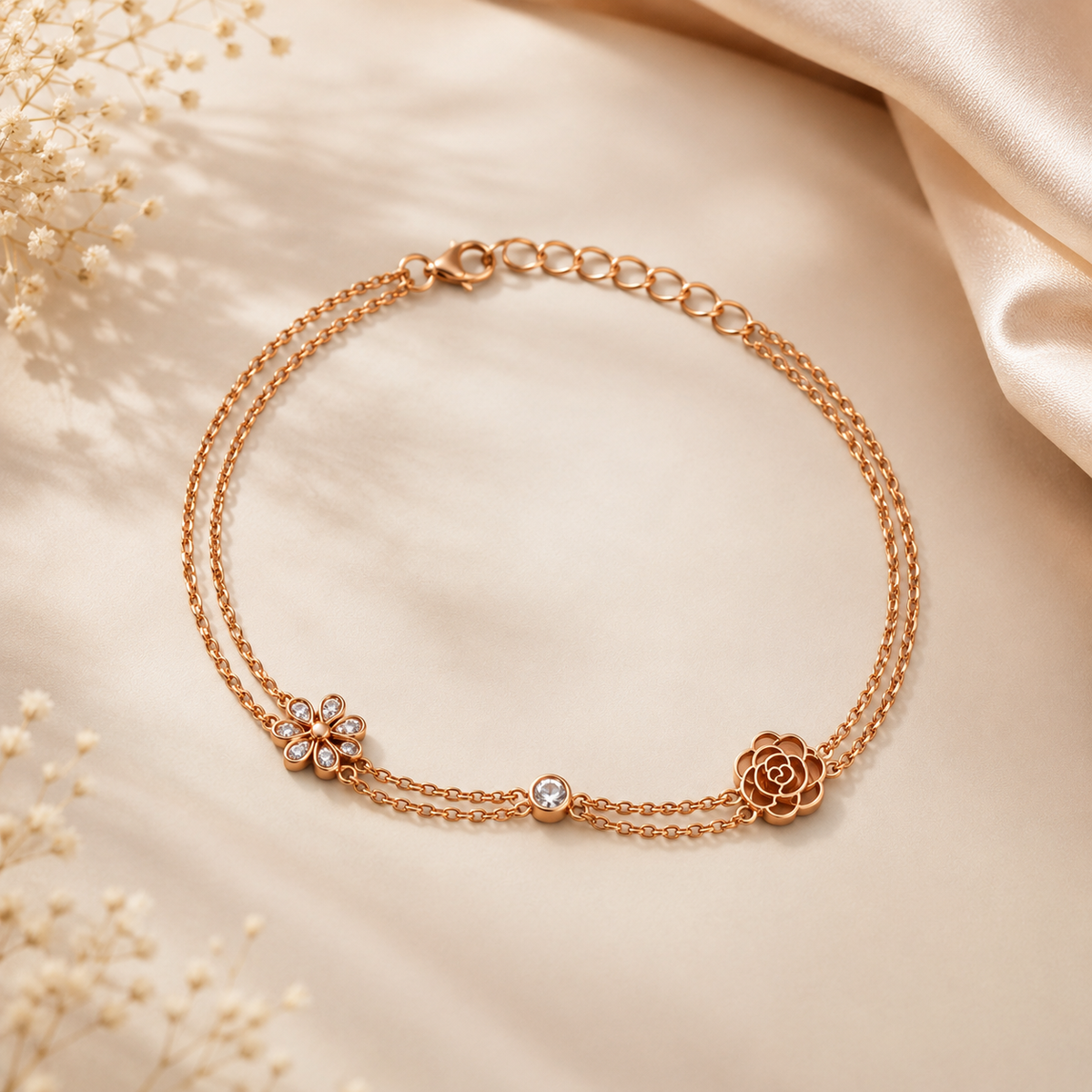 Elegant Rose Gold Double Layer Flower & Rose Charm Anklet