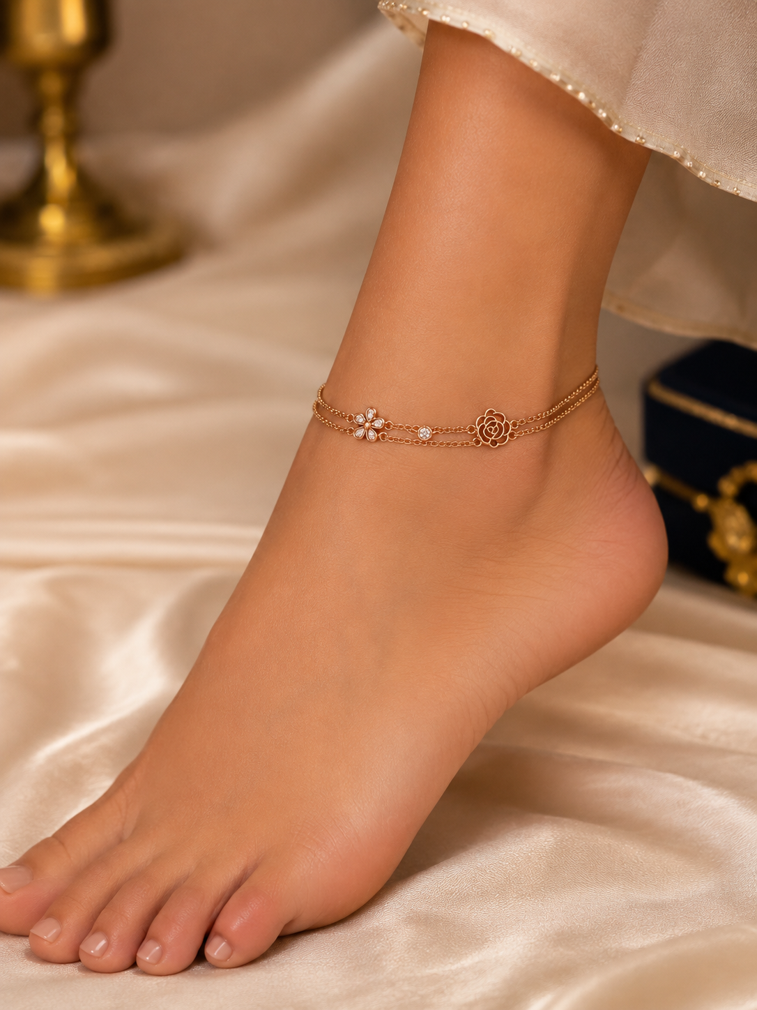 Elegant Rose Gold Double Layer Flower & Rose Charm Anklet
