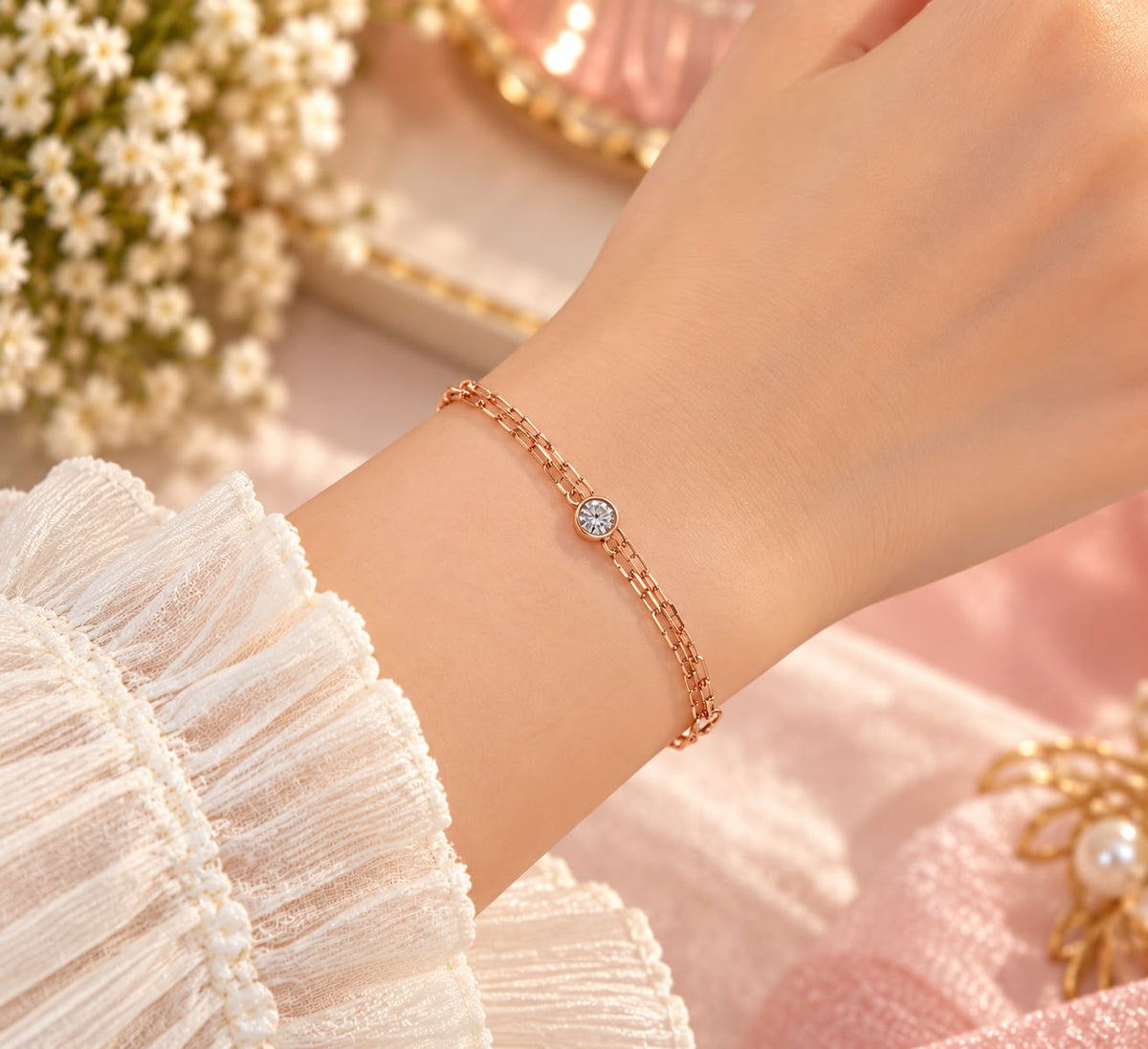 Rose Gold Double Chain Crystal Bracelet