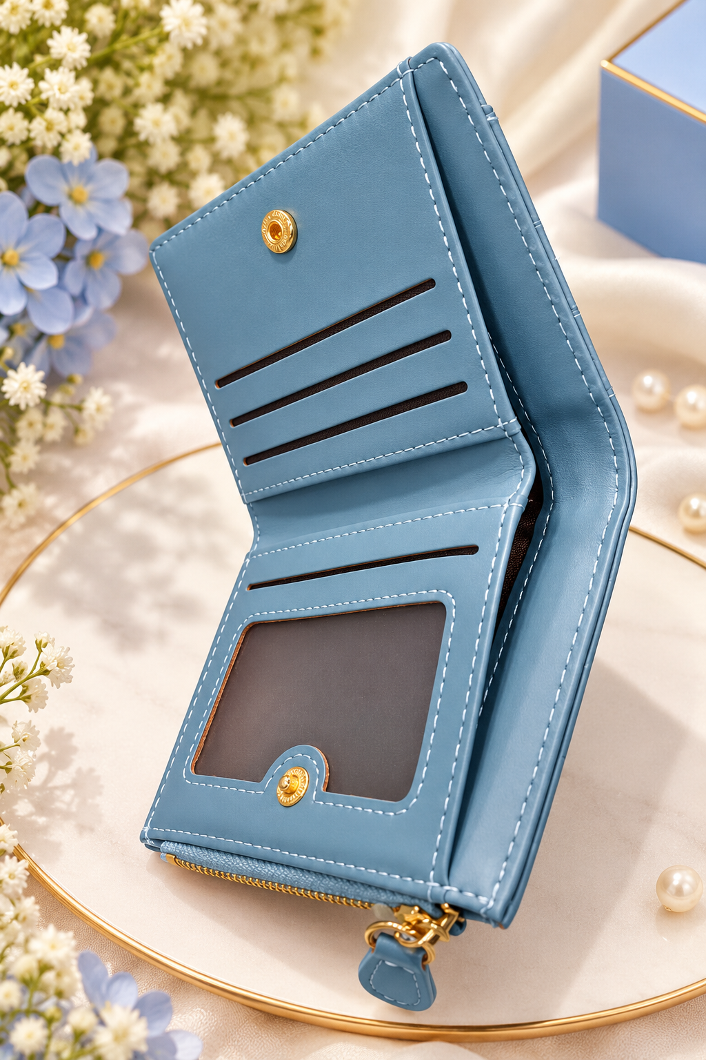 Blue Zipper Bifold Wallet