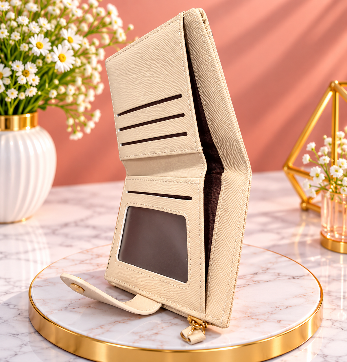 Beige Bifold Zipper Wallet