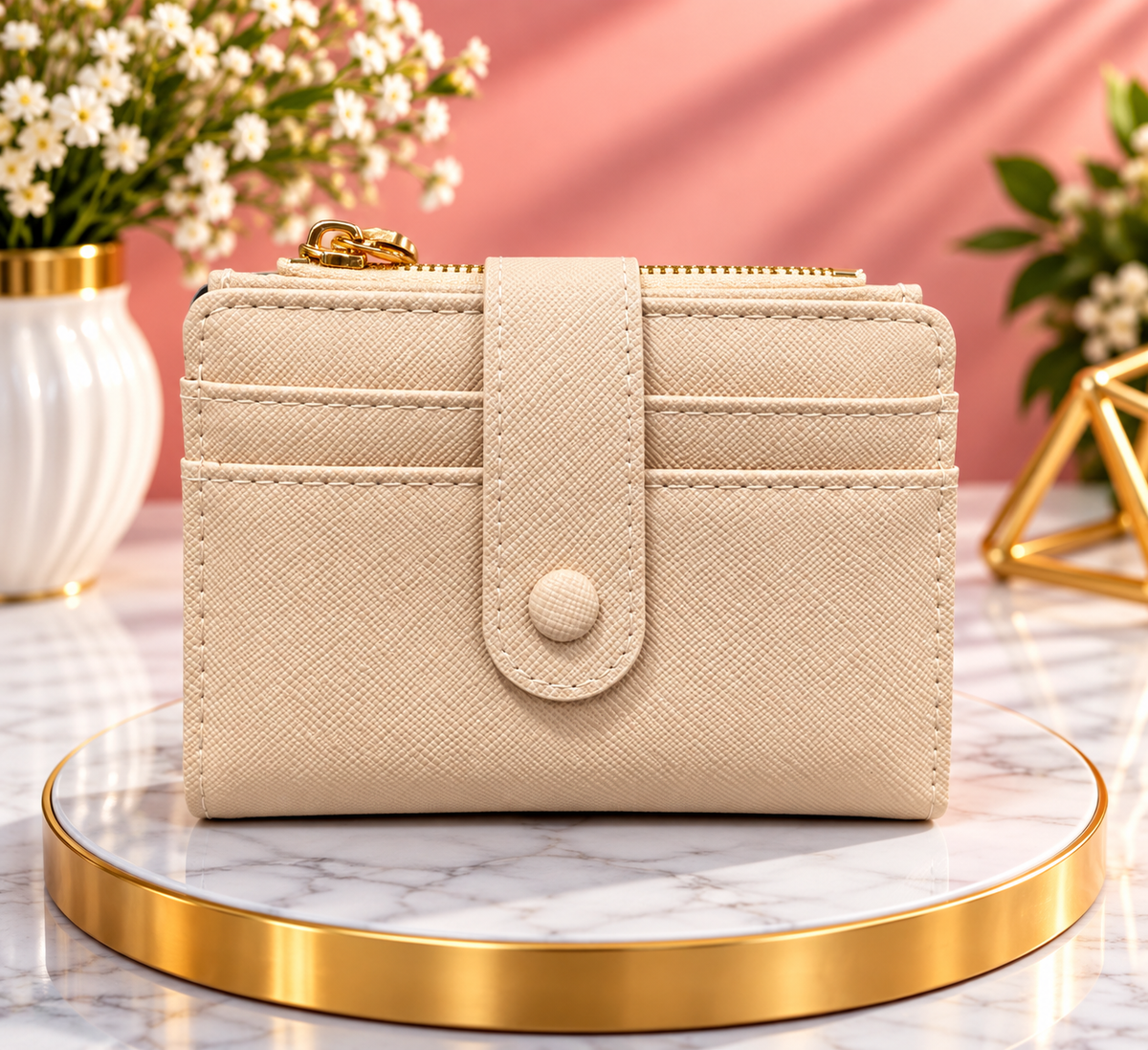 Beige Bifold Zipper Wallet