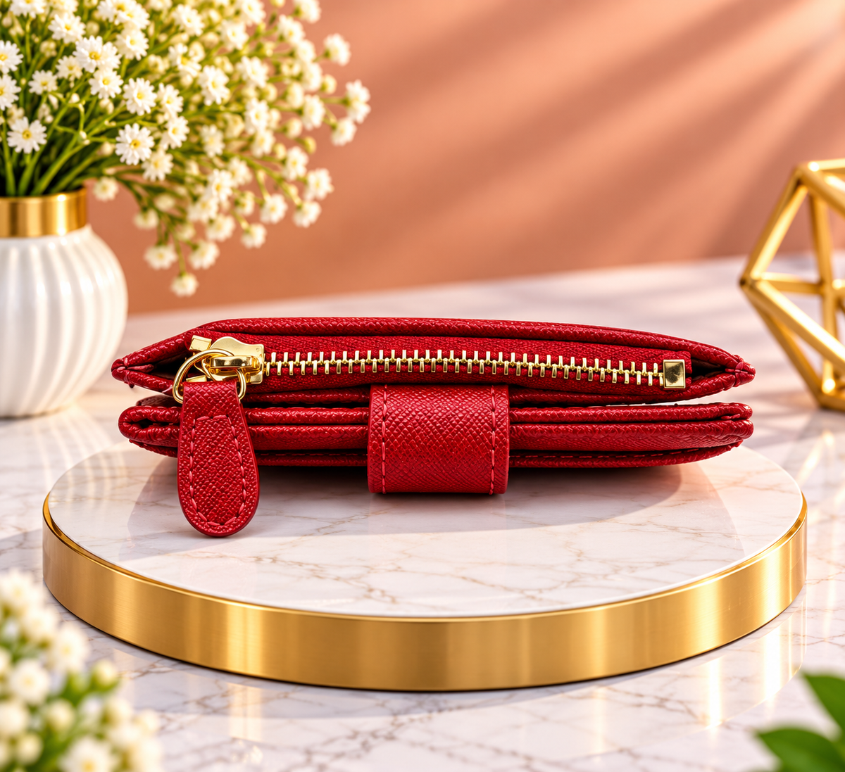 Red Bifold Zipper Wallet