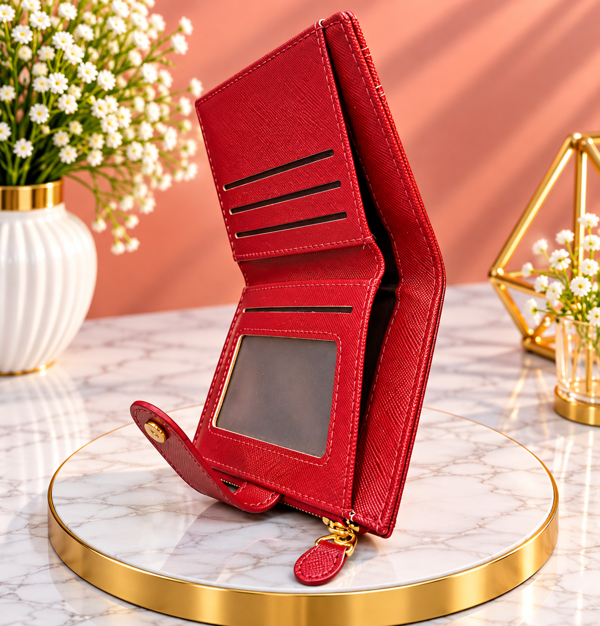 Red Bifold Zipper Wallet