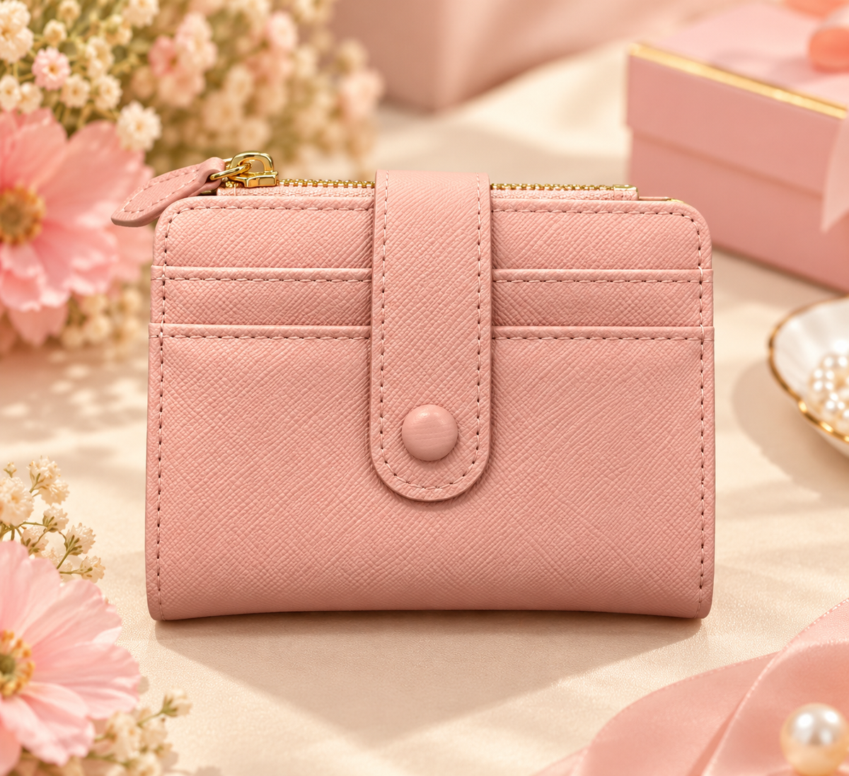 Pink Bifold Zipper Wallet