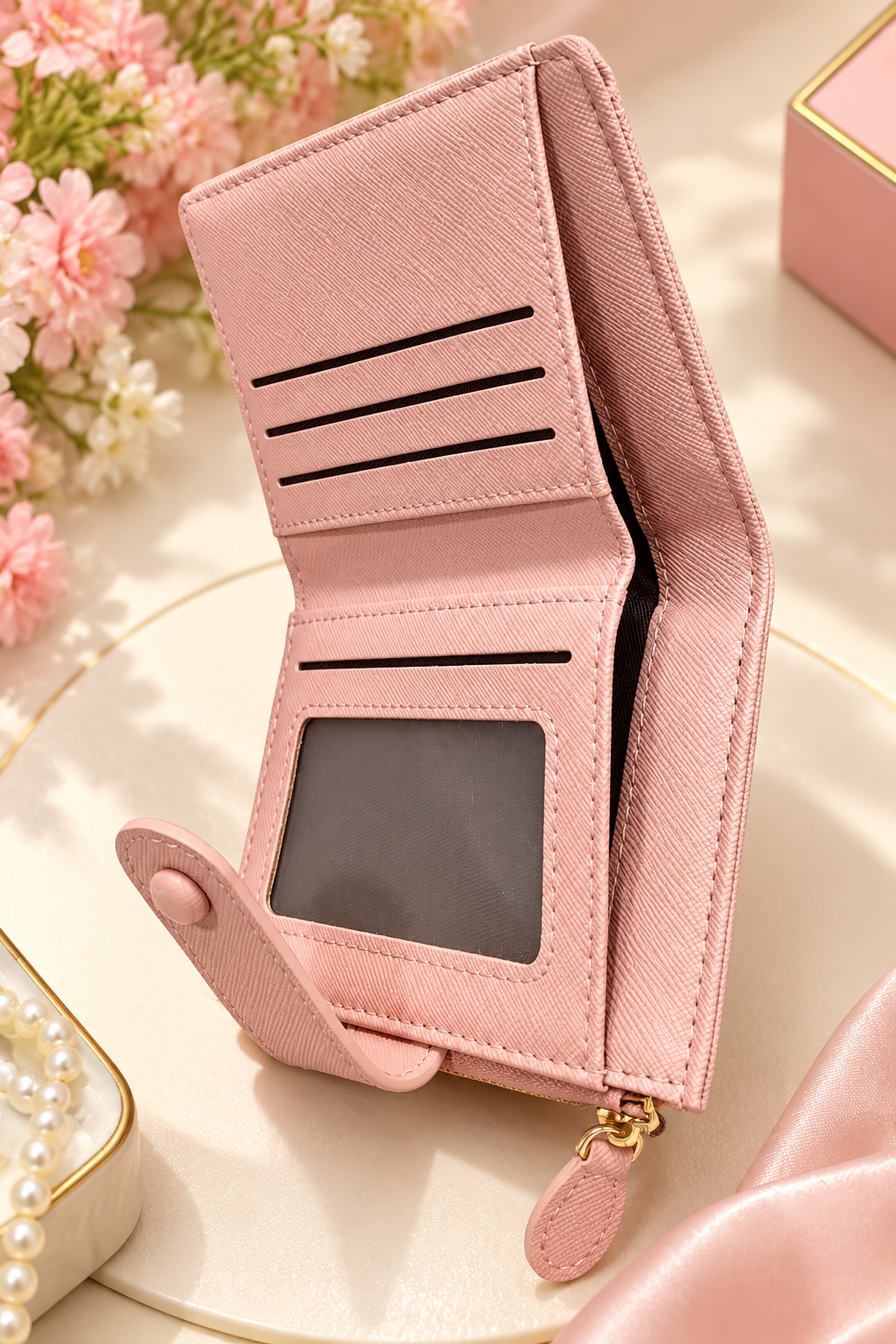 Pink Bifold Zipper Wallet