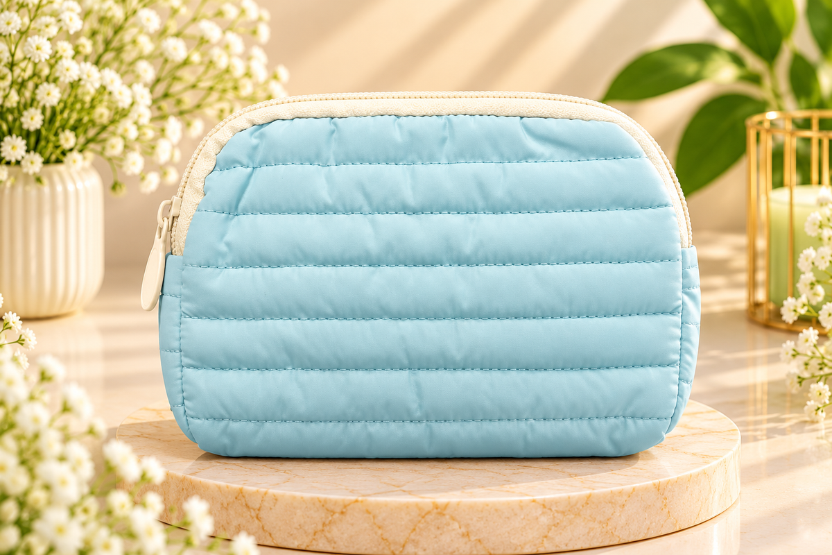 Sky Blue Quilted Makeup Pouch