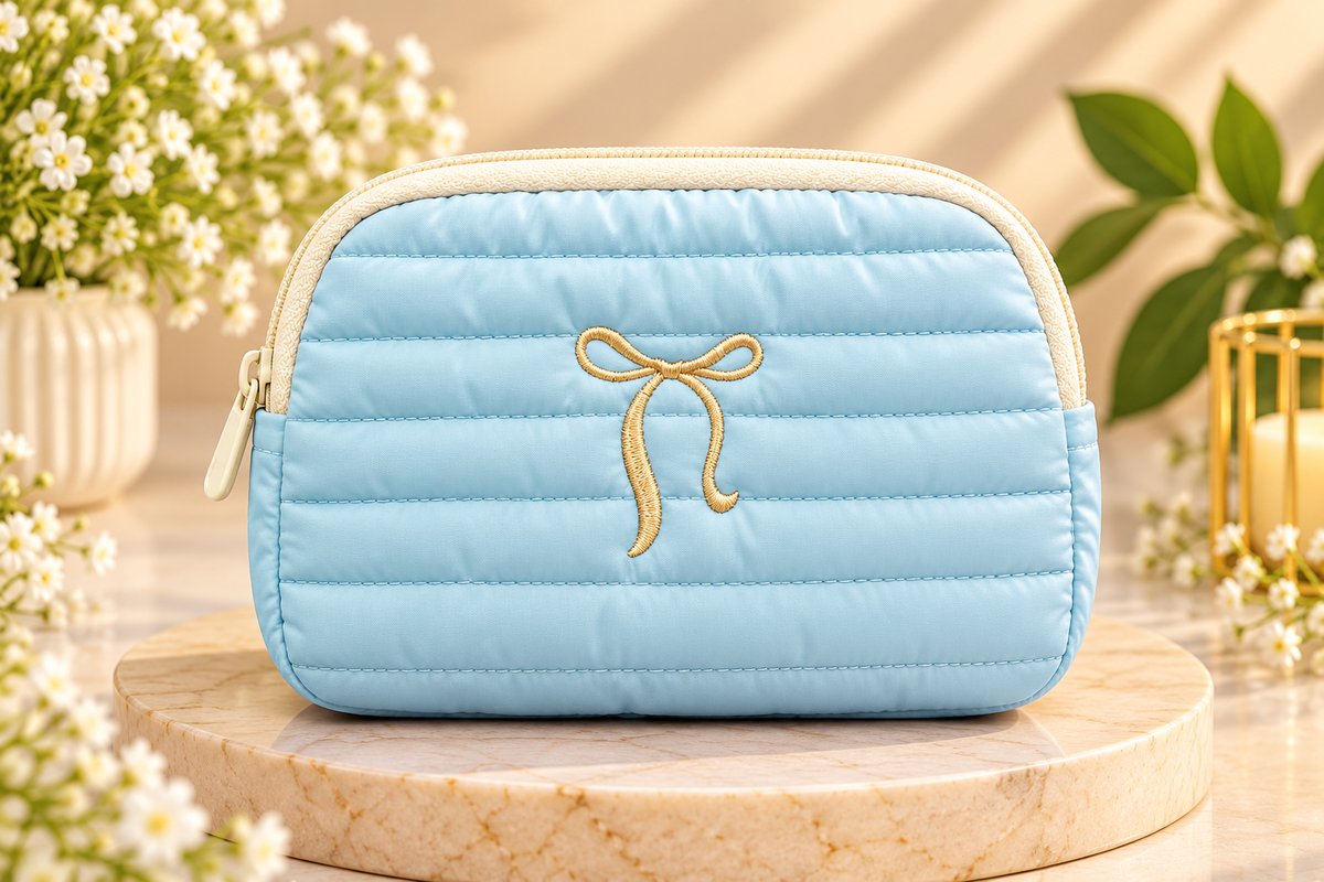 Sky Blue Quilted Makeup Pouch