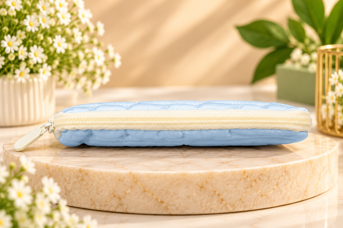 Sky Blue Quilted Makeup Pouch