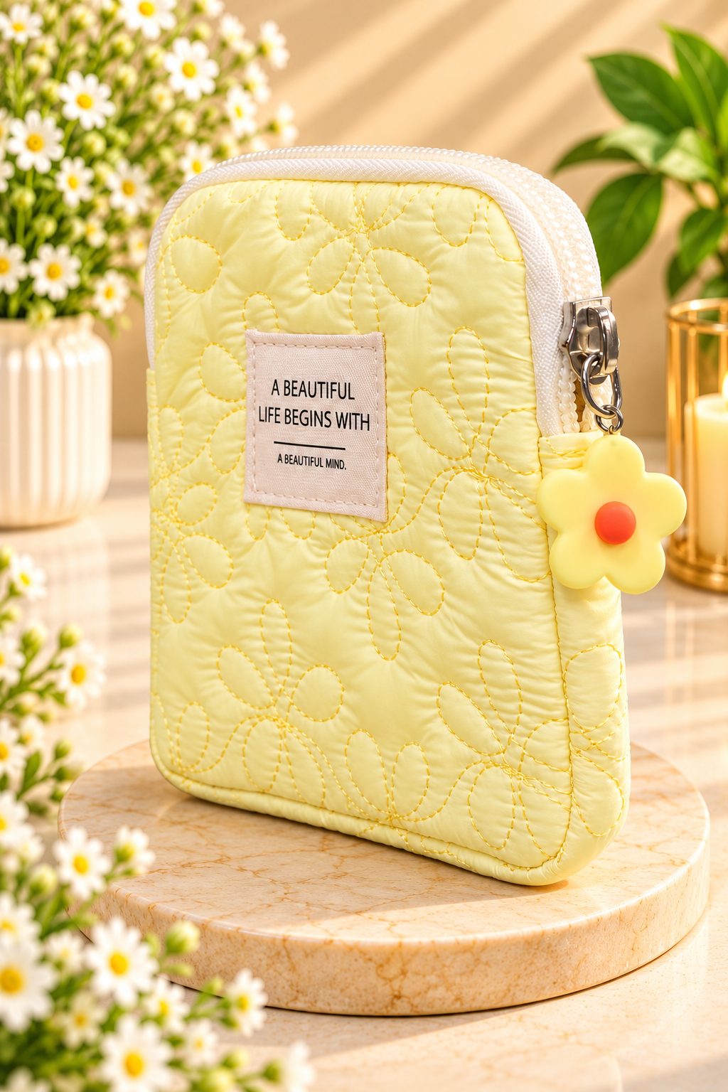 Yellow Floral Quilted Makeup Pouch