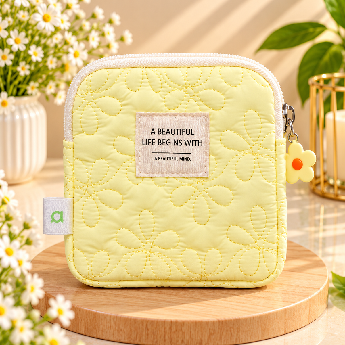 Yellow Floral Quilted Makeup Pouch