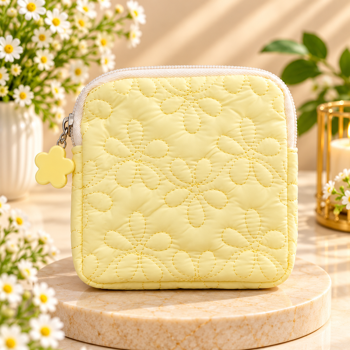 Yellow Floral Quilted Makeup Pouch
