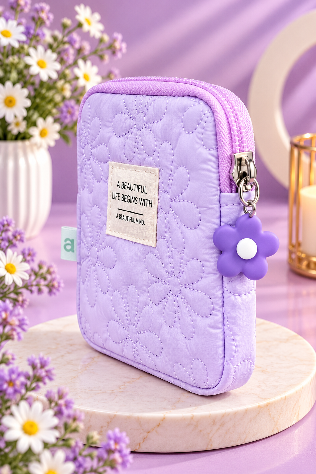 Lavender Floral Quilted Makeup Pouch