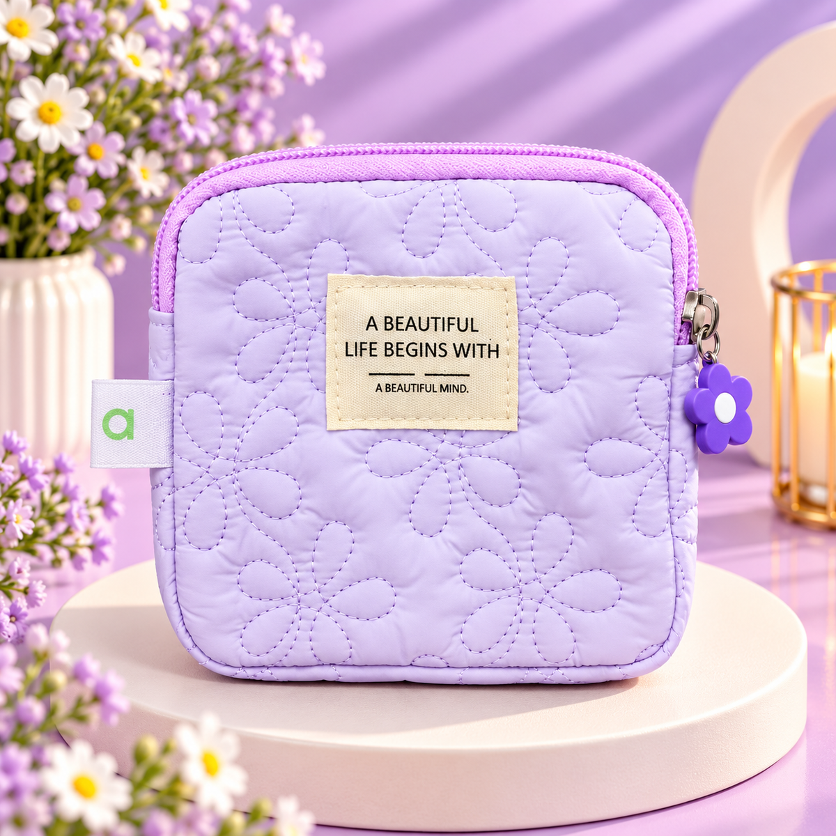 Lavender Floral Quilted Makeup Pouch
