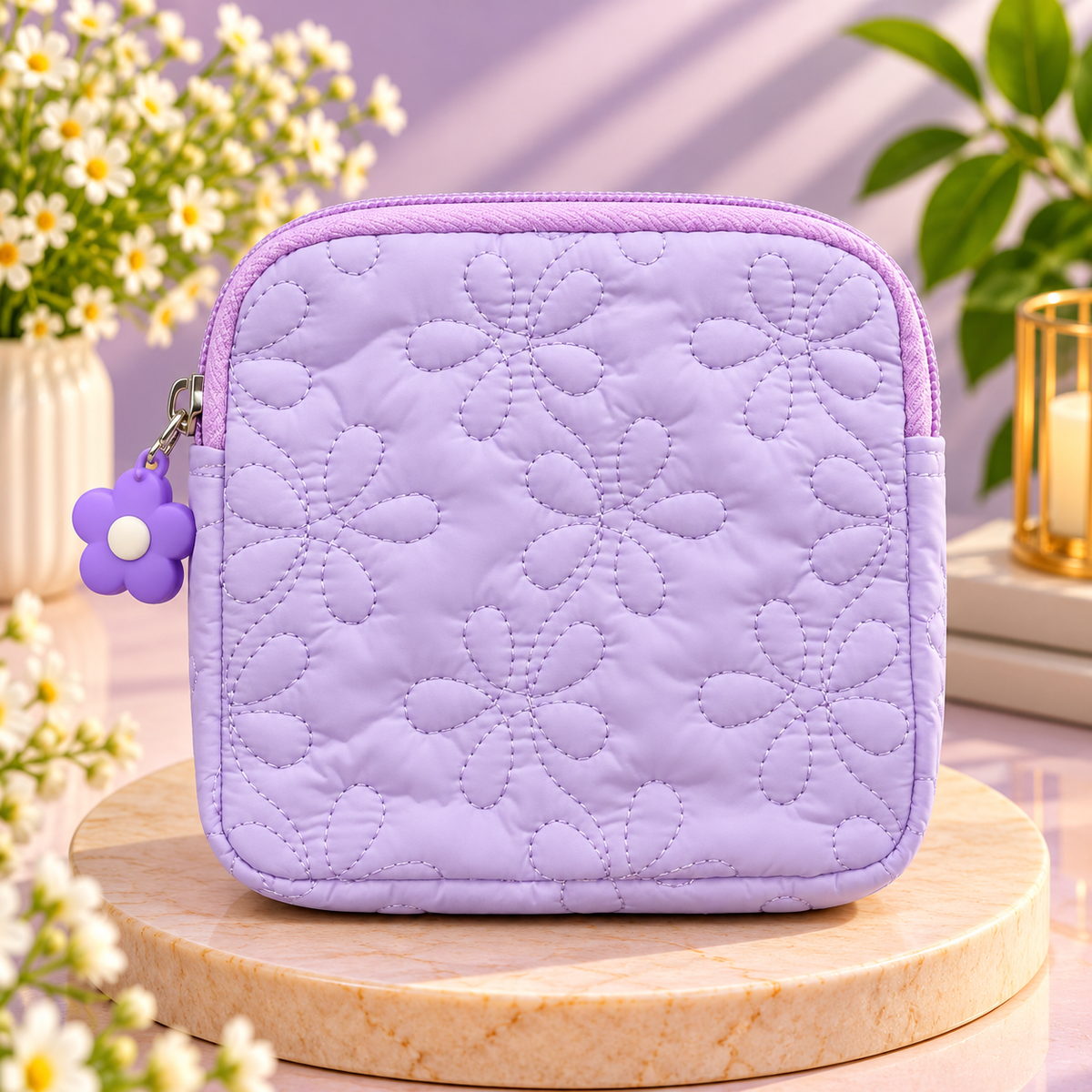 Lavender Floral Quilted Makeup Pouch