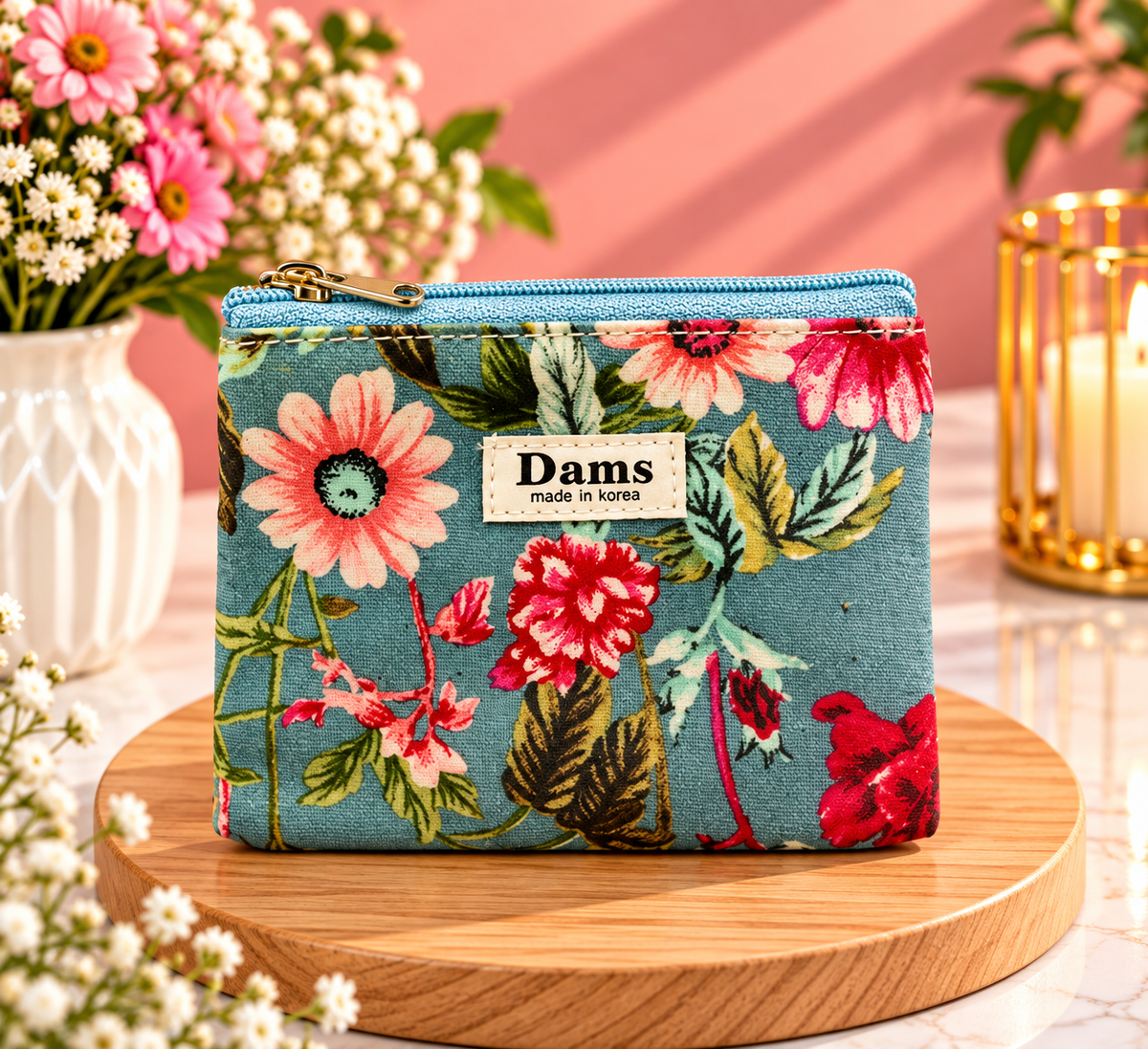 Blue Floral Print Zipper Pouch