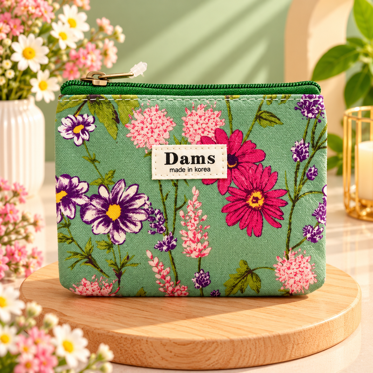Green Floral Printed Makeup Pouch