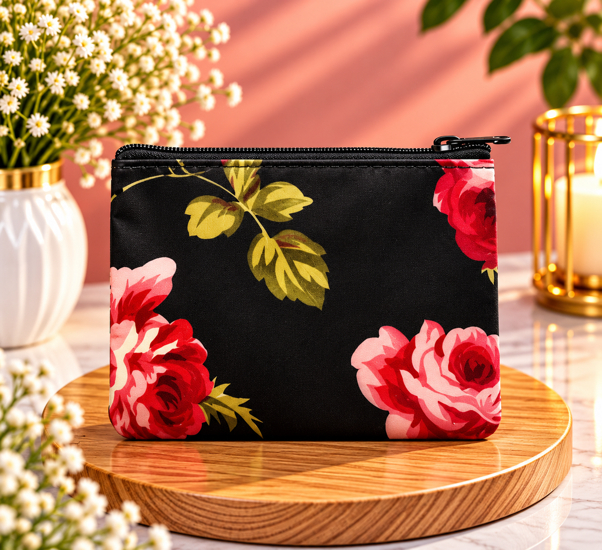 Black Rose Floral Makeup Pouch