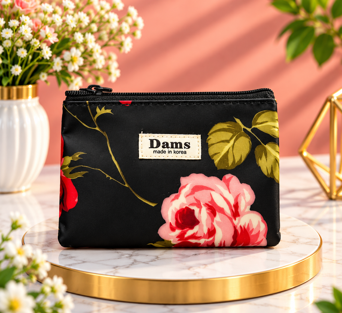 Black Rose Floral Makeup Pouch