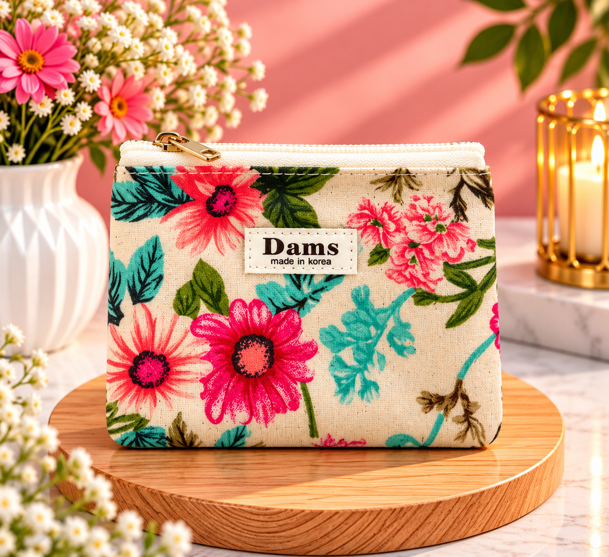 Cream Floral Printed Makeup Pouch