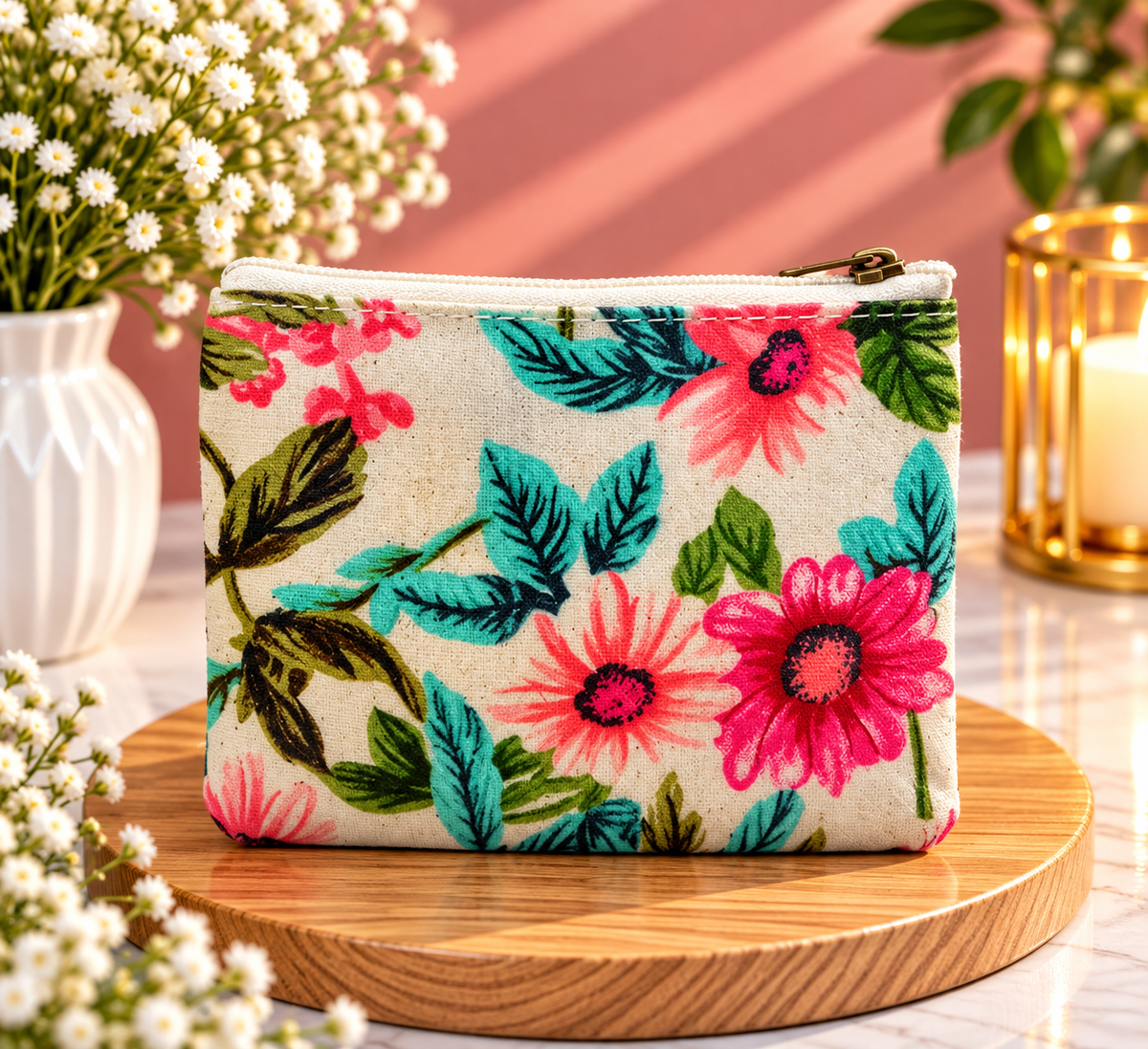 Cream Floral Printed Makeup Pouch