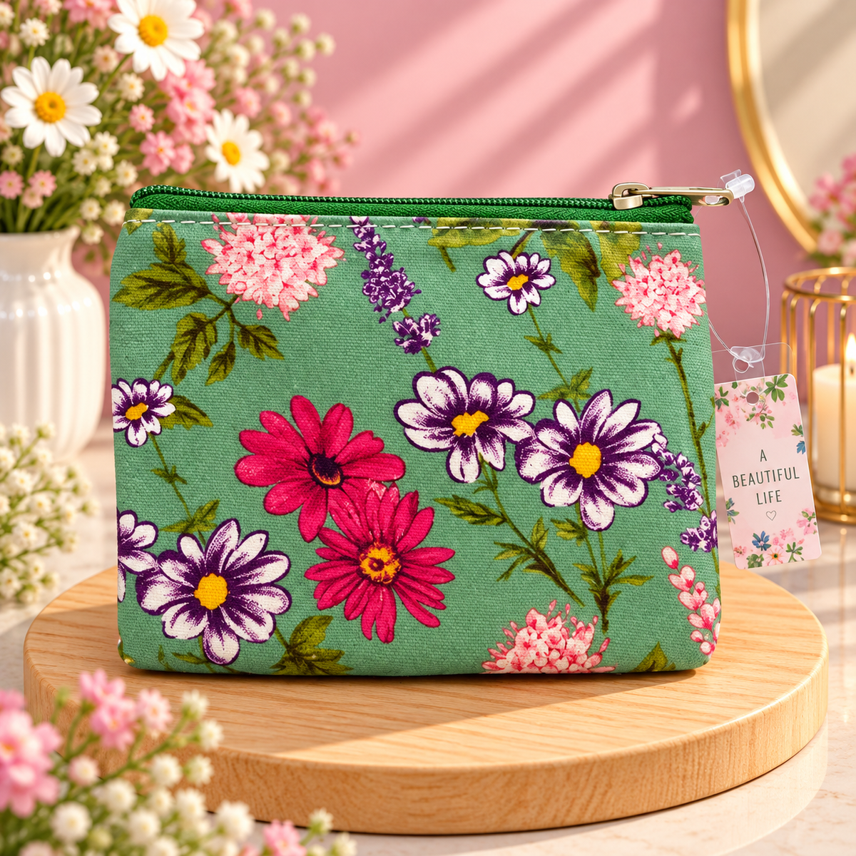 Green Floral Printed Makeup Pouch