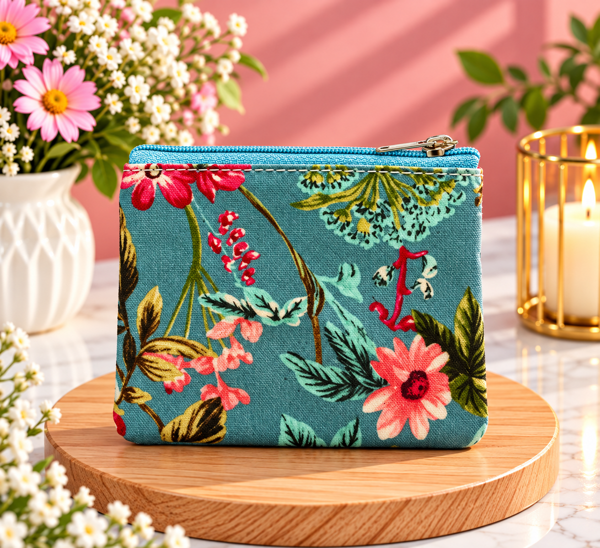 Blue Floral Print Zipper Pouch