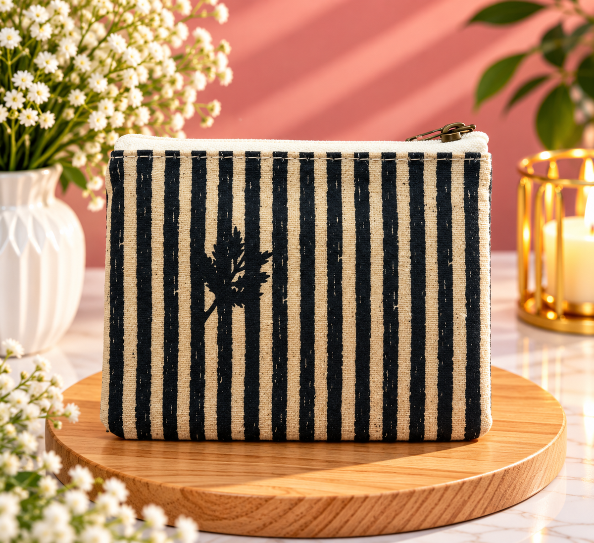 Black Striped Zipper Pouch
