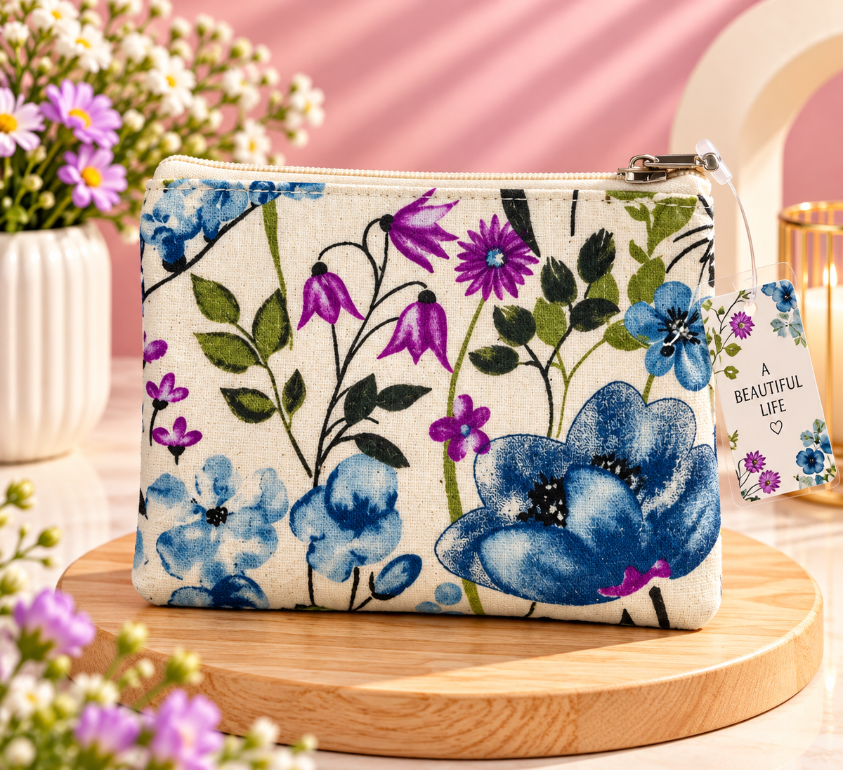 Blue Purple Floral Zipper Pouch