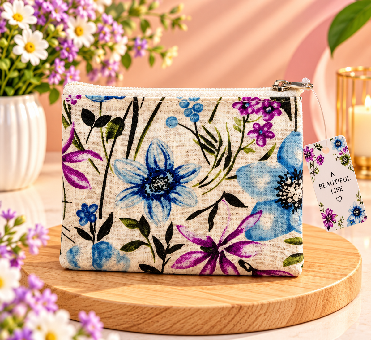 Blue Purple Floral Zipper Pouch