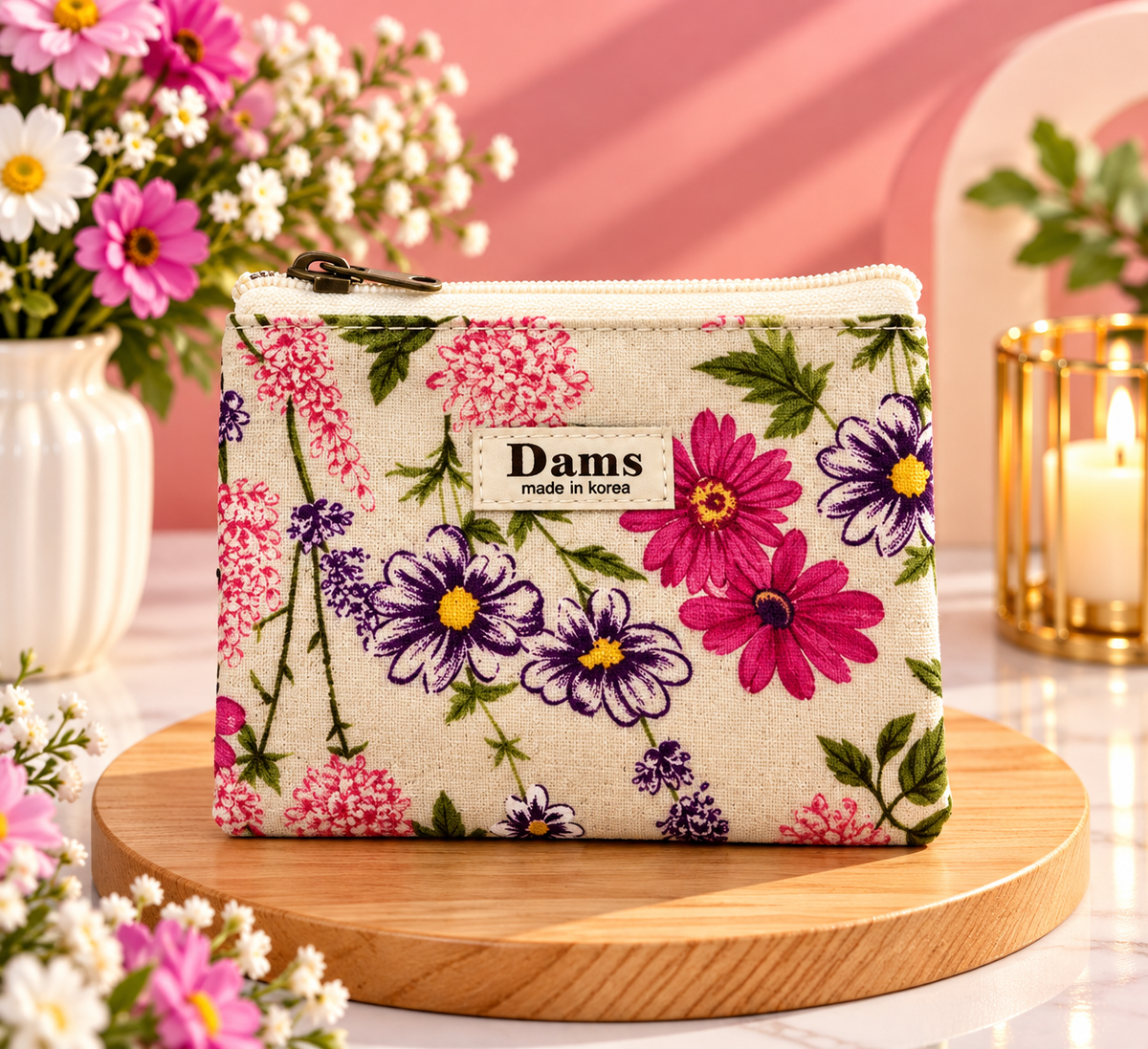 Pink Purple Floral Zipper Pouch