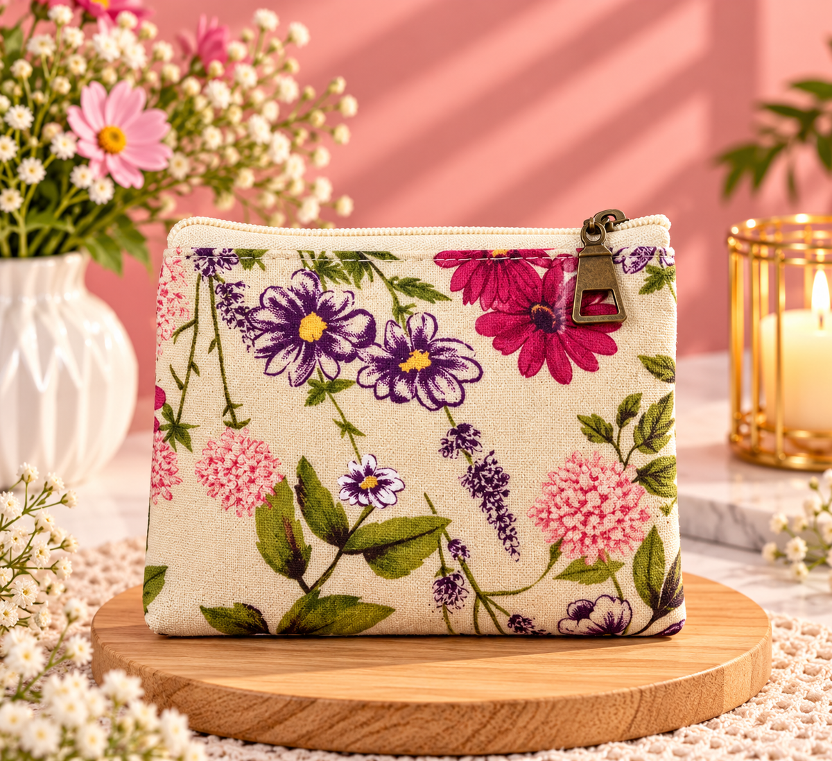 Pink Purple Floral Zipper Pouch