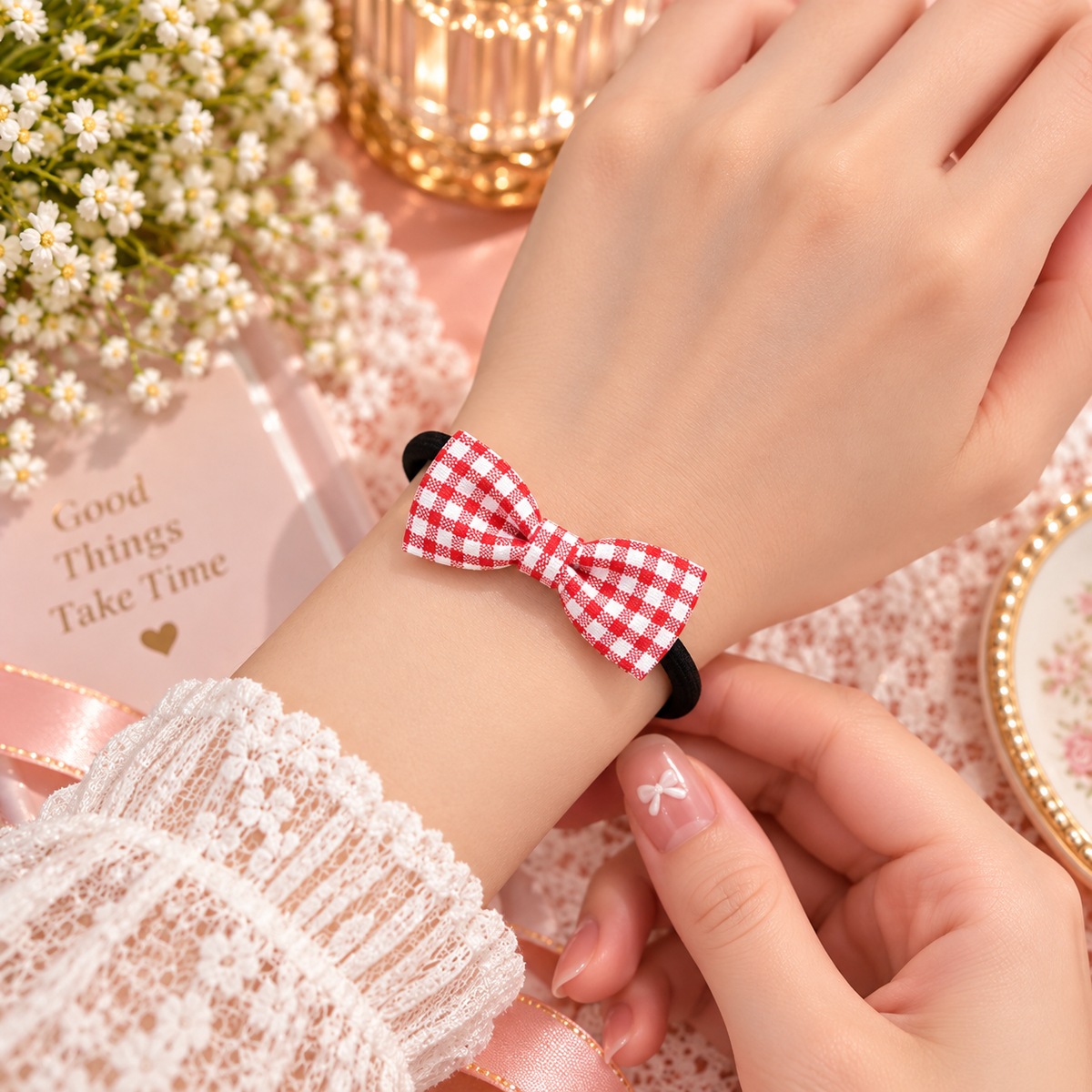 Red Gingham Bow Hair Tie