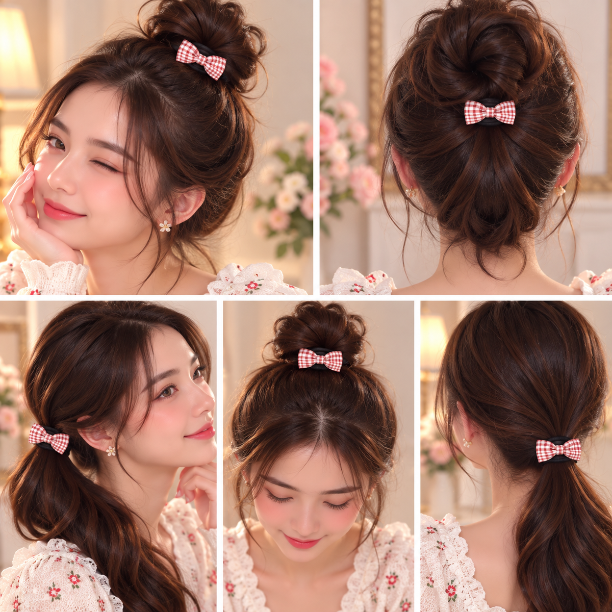 Red Checkered Bow Hair Tie