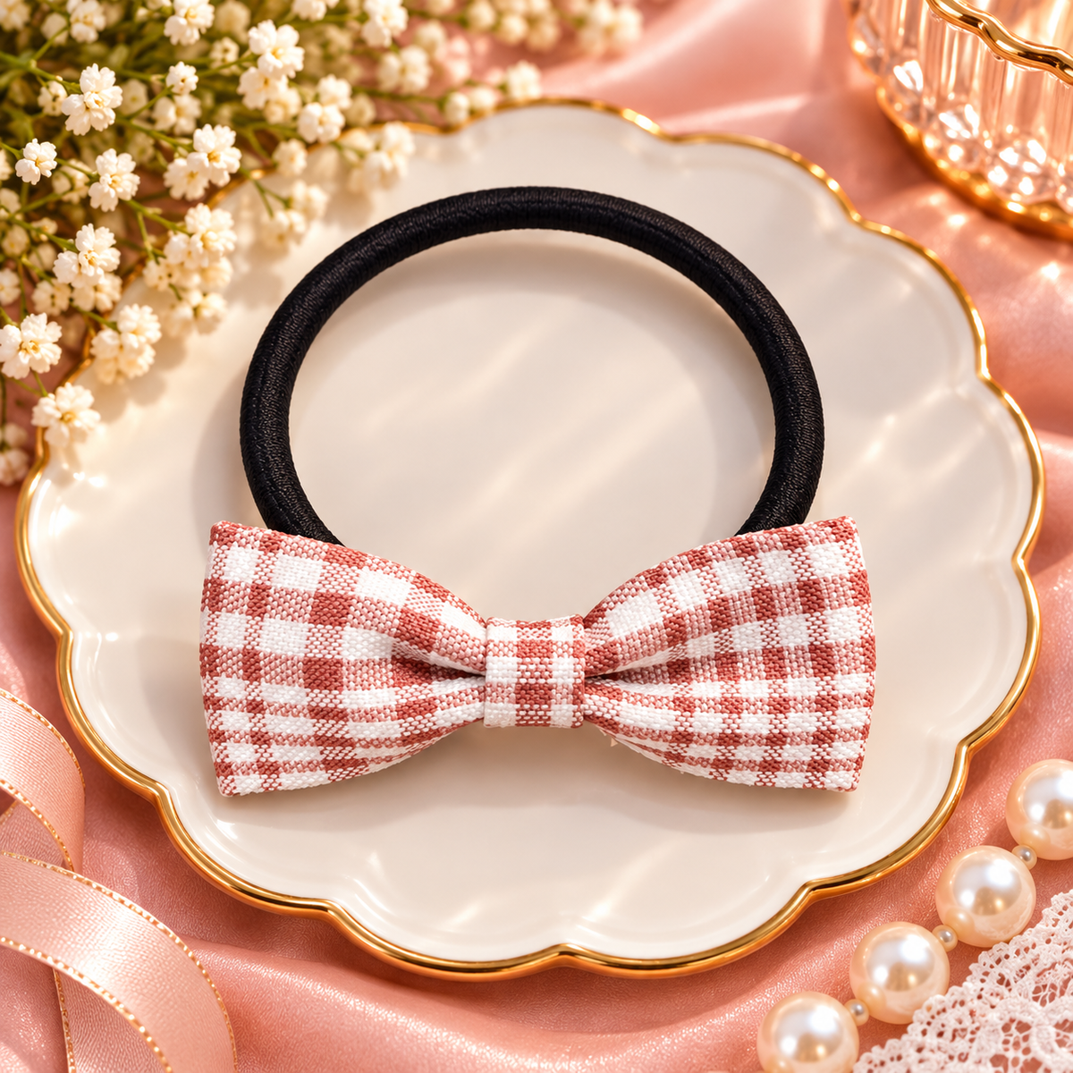 Red Checkered Bow Hair Tie
