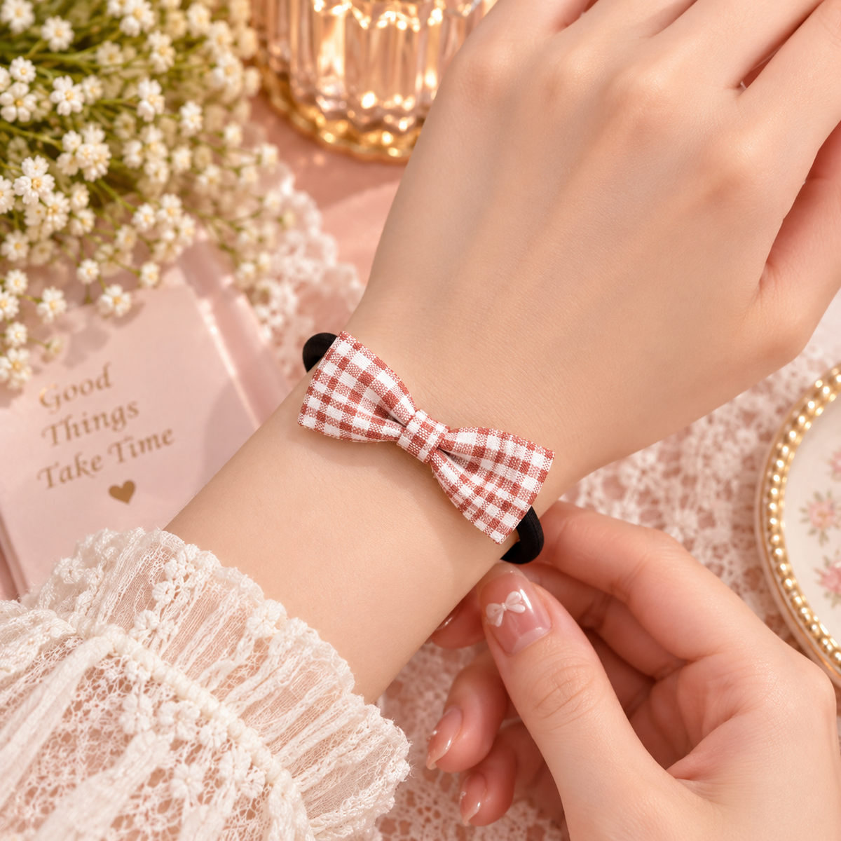 Red Checkered Bow Hair Tie