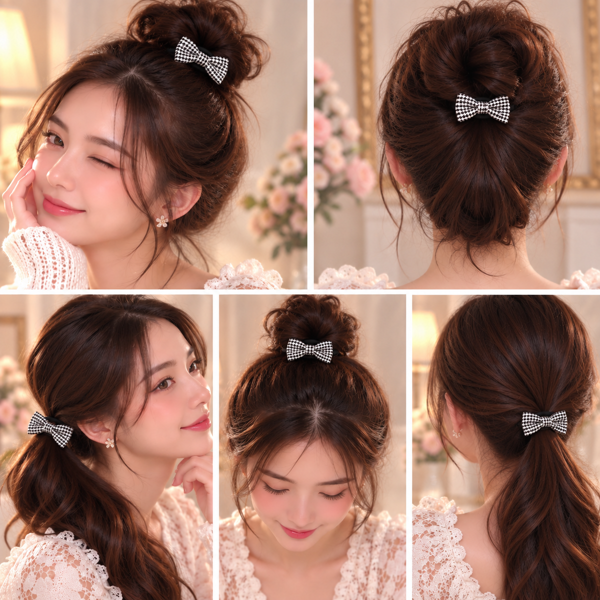 Black Houndstooth Bow Hair Tie