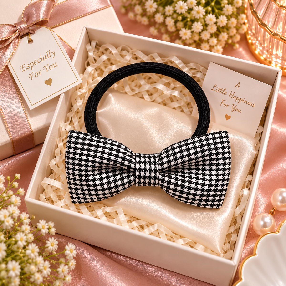 Black Houndstooth Bow Hair Tie