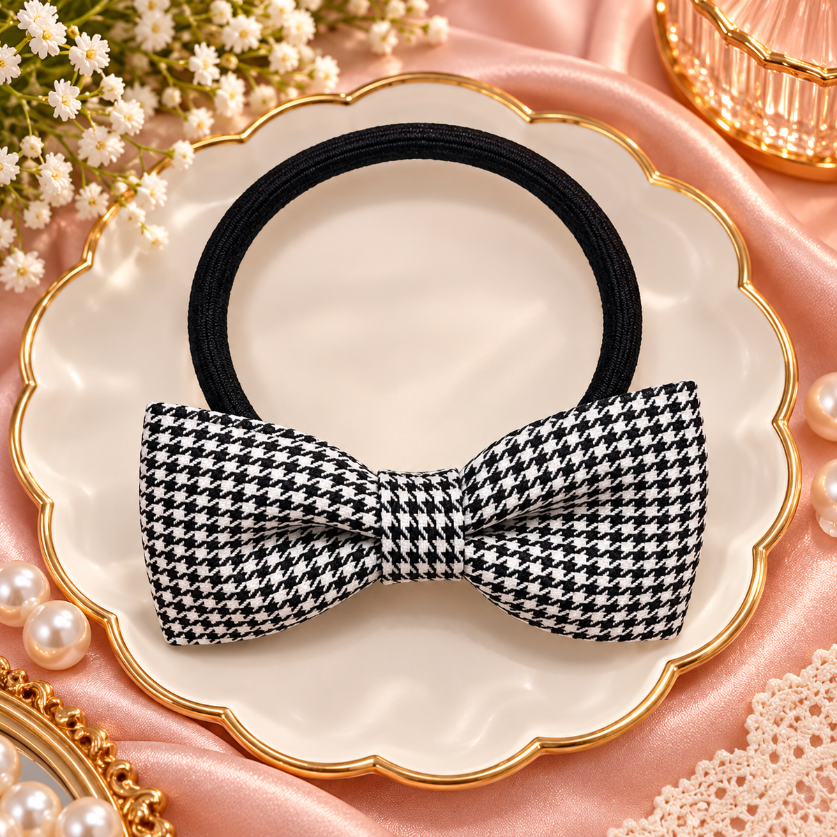 Black Houndstooth Bow Hair Tie