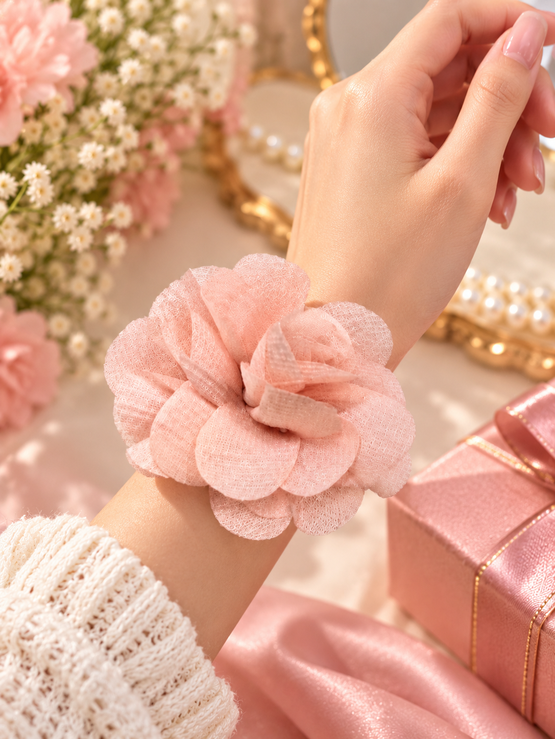 Pink Flower Hair Tie for Women